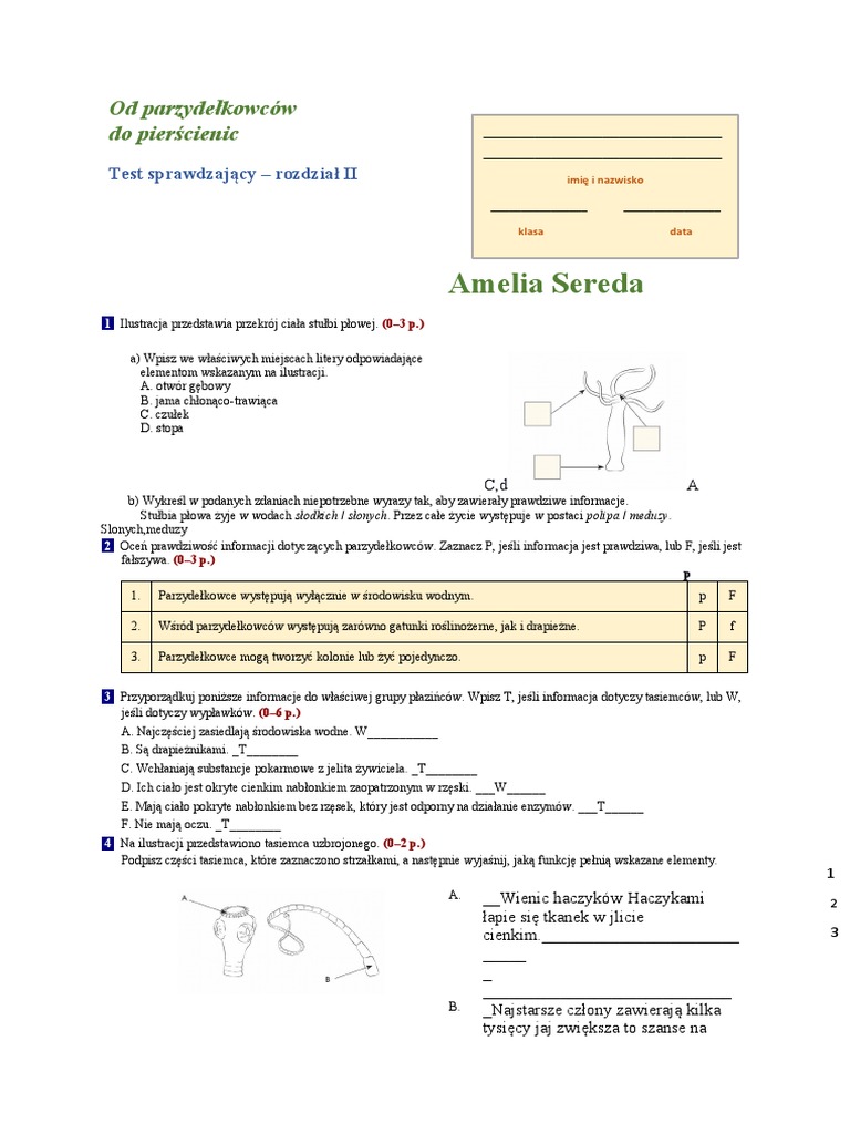 Od Parzydełkowców Do Pierścienic Klasa 6