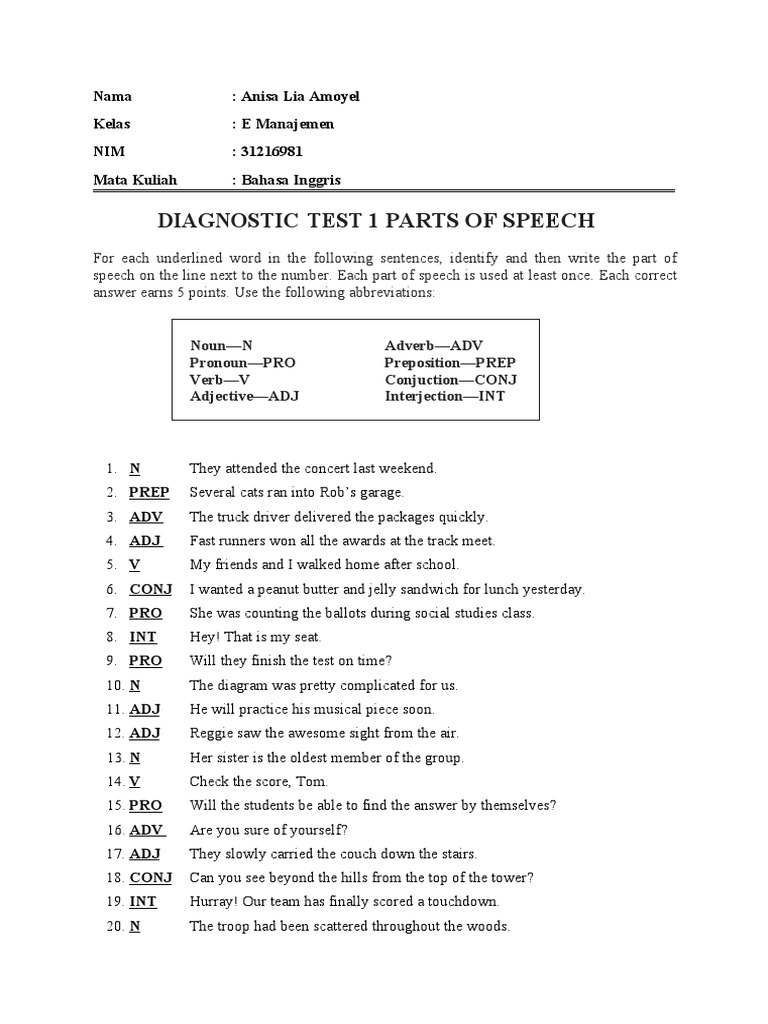 Diagnostic Test 1 Parts of Speech PDF Part Of Speech Adverb