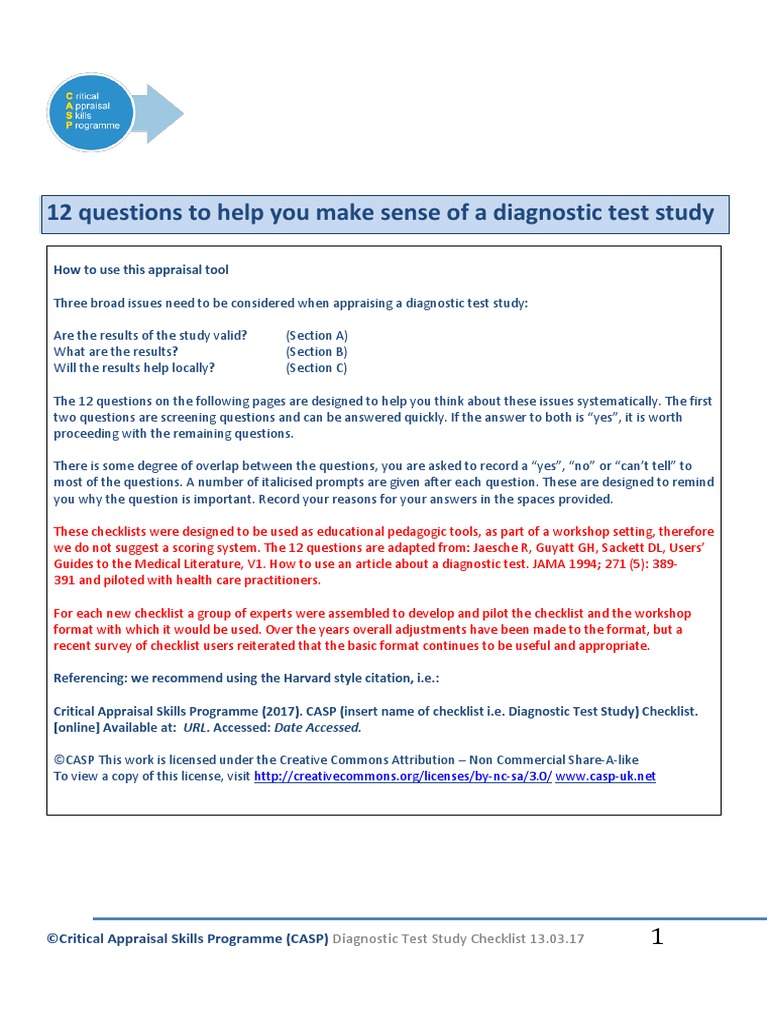 12 Questions To Help You Make Sense of A Diagnostic Test Study PDF