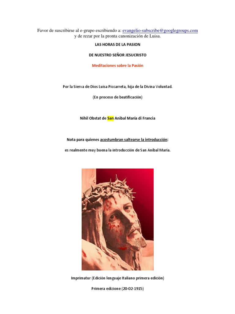 Piccarreta Luisa - LAS HORAS DE LA PASION de Nuestro Señor Jesucristo ...