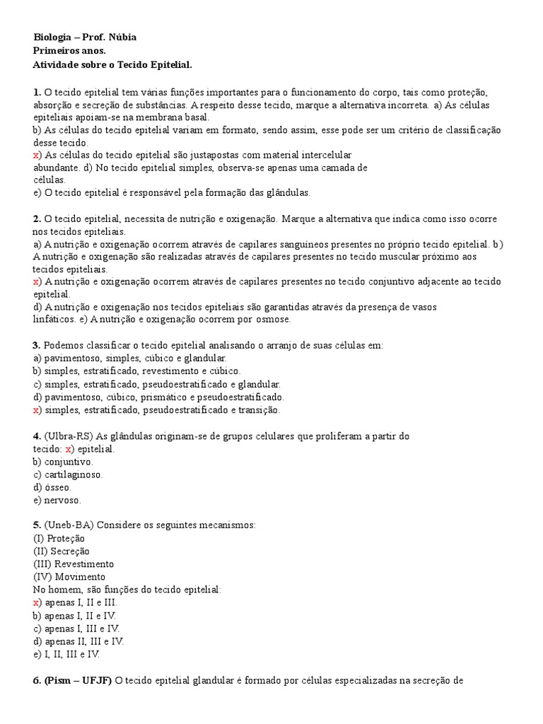 Exercícios sobre Tecido Epitelial | PDF | Epitélio | Tecido (Biologia)