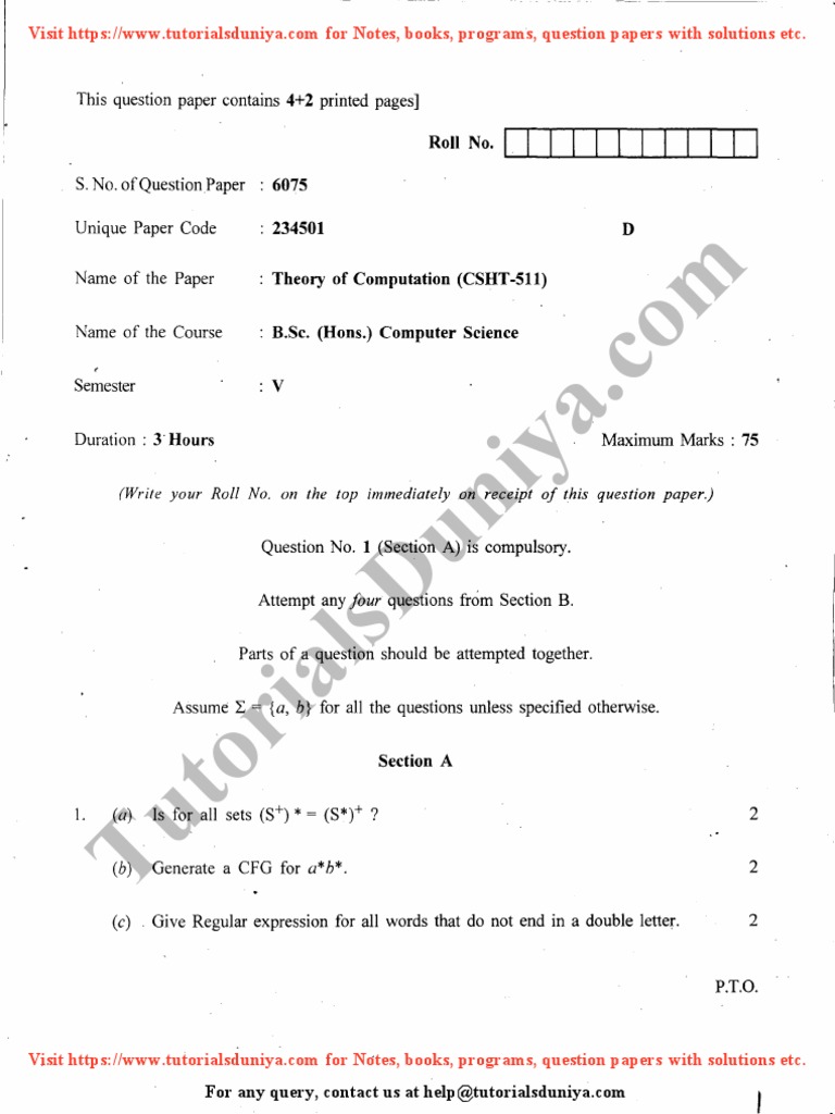 Theory of Computation Question Paper 2015 - Tutorialsduniya | PDF ...