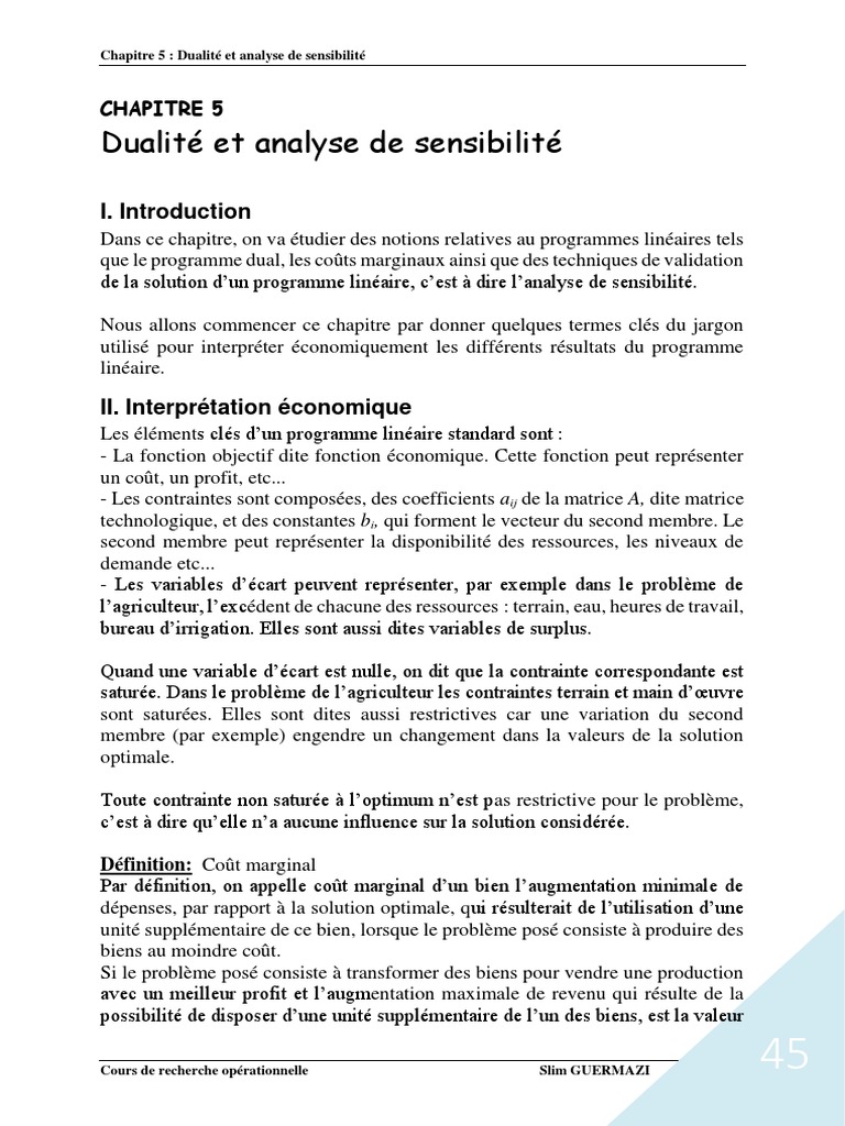Dualité Et Analyse de Sensibilité Chapitre 5 Descargar gratis PDF Optimisation linéaire