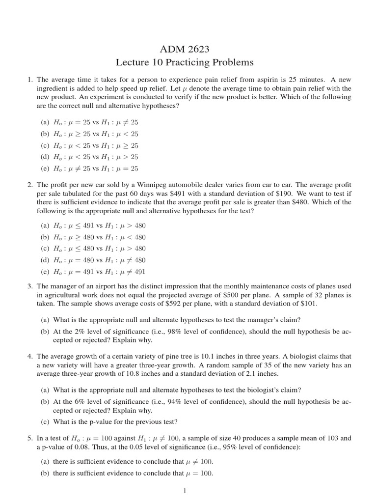 Hypothesis Testing Practice Problems | PDF | Statistical Significance ...