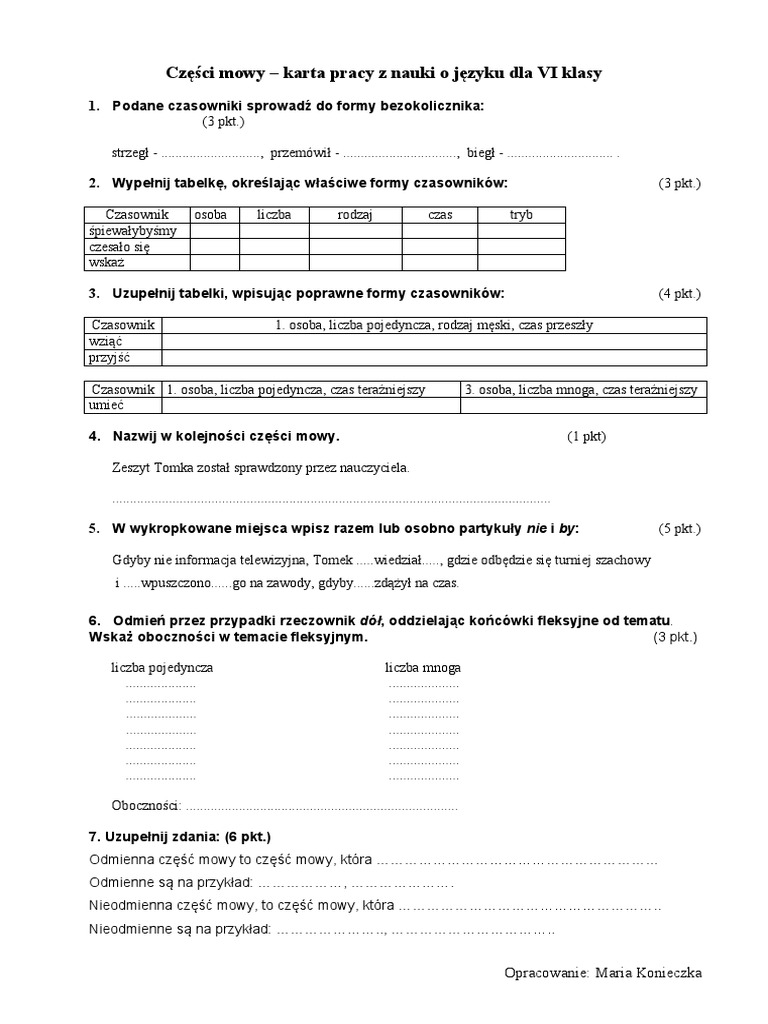 Sprawdzian Z Części Mowy Klasa 6 Z Odpowiedziami Pdf