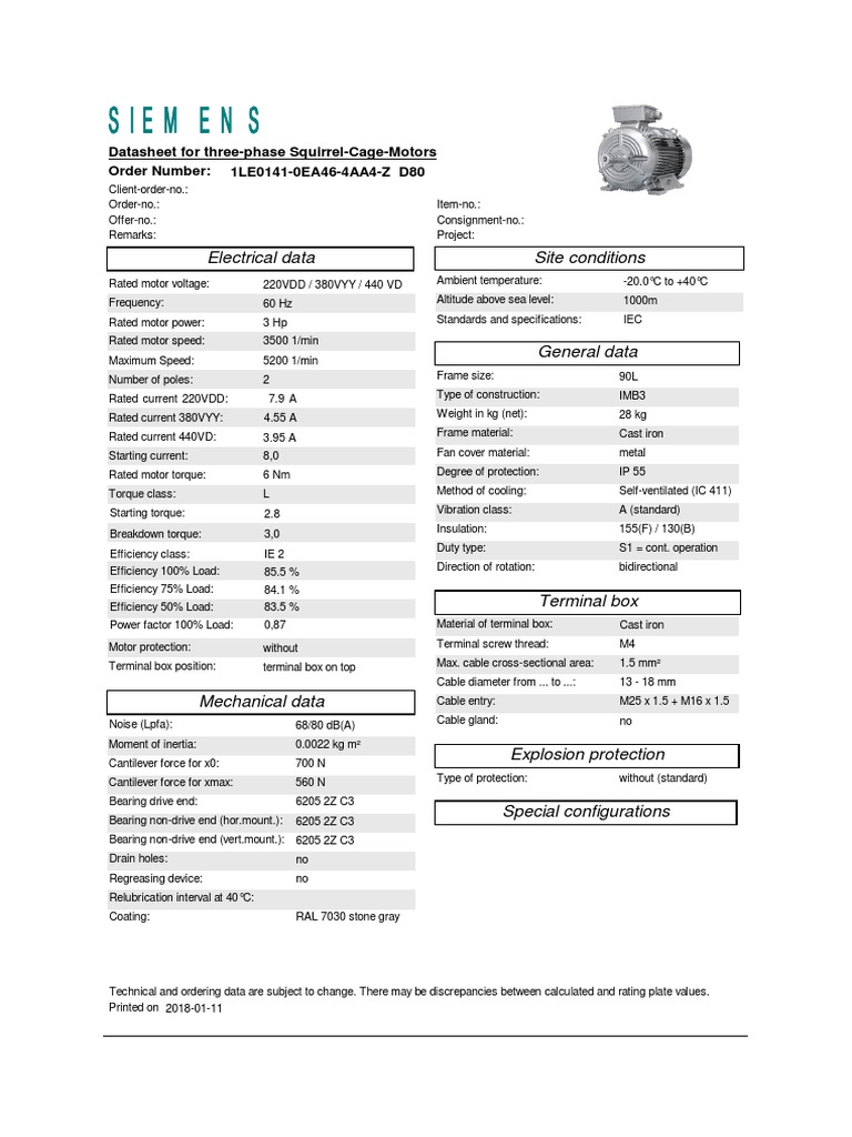 Siemens H19 Three-Phase Motor Datasheet | PDF | Electric Motor ...