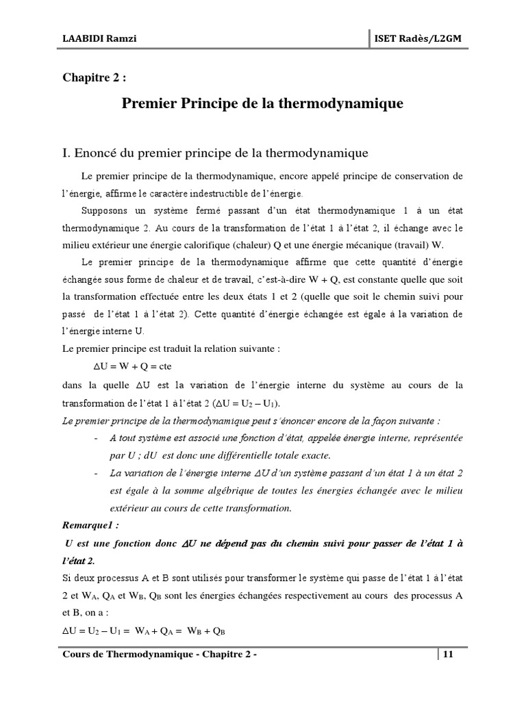 Premier Principe de la Thermodynamique | PDF | Chaleur | Capacité thermique