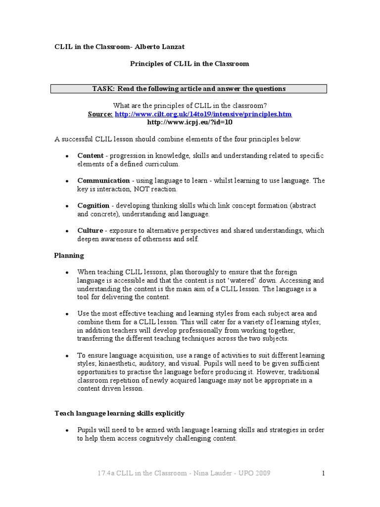 Clil Principles | PDF | Learning | Learning Styles