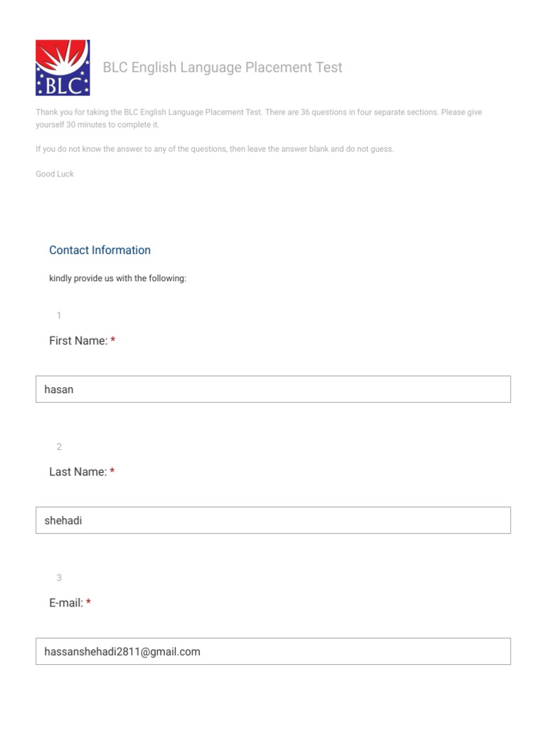 BLC English Placement Test Overview | PDF | Privacy