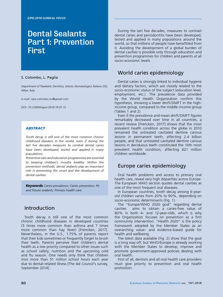 Dental Sealants Part 1 Prevention First World Caries Epidemiology