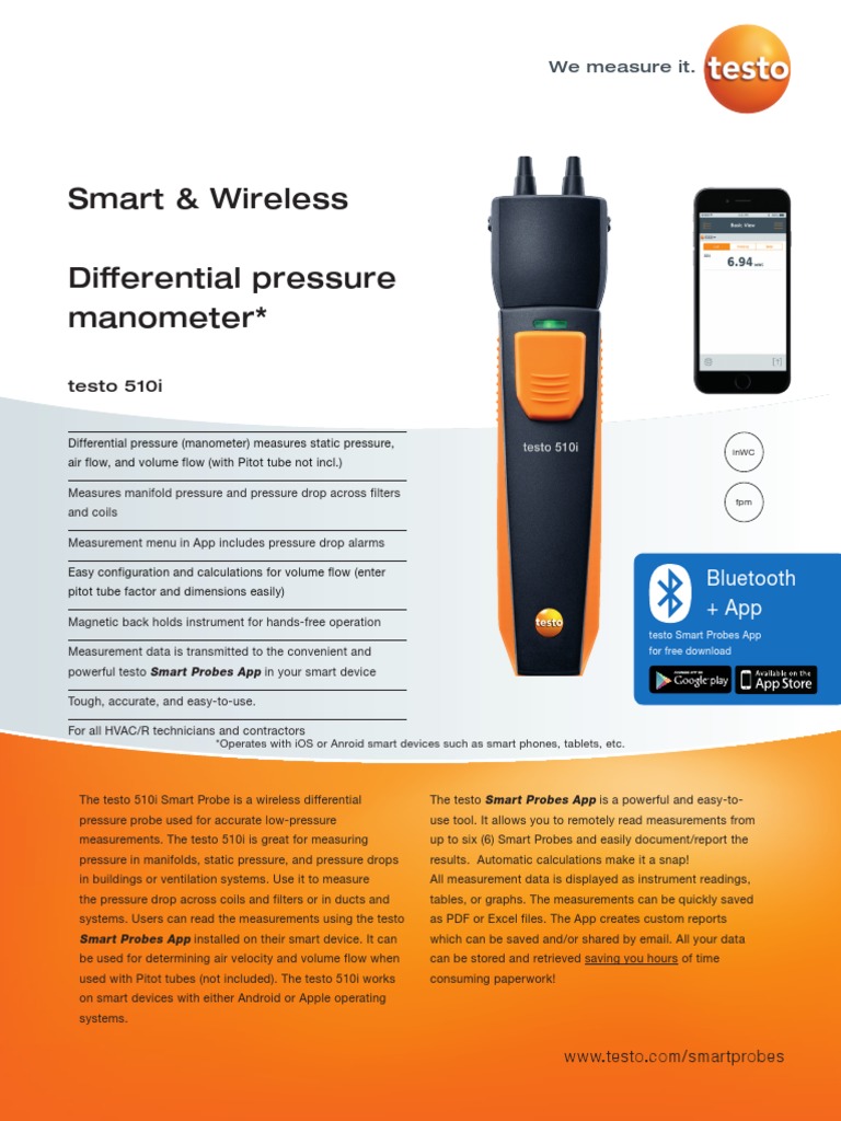 Smart & Wireless Differential Pressure Manometer Testo 510i PDF