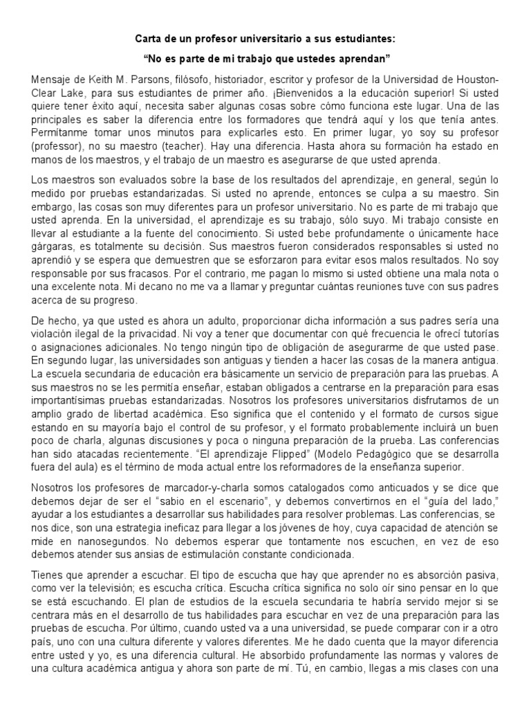 Carta de Un Profesor Universitario A Sus Estudiantes | PDF | Maestros ...