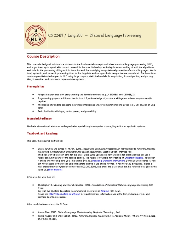 CS 224N / Ling 280 - Natural Language Processing: Course Description ...