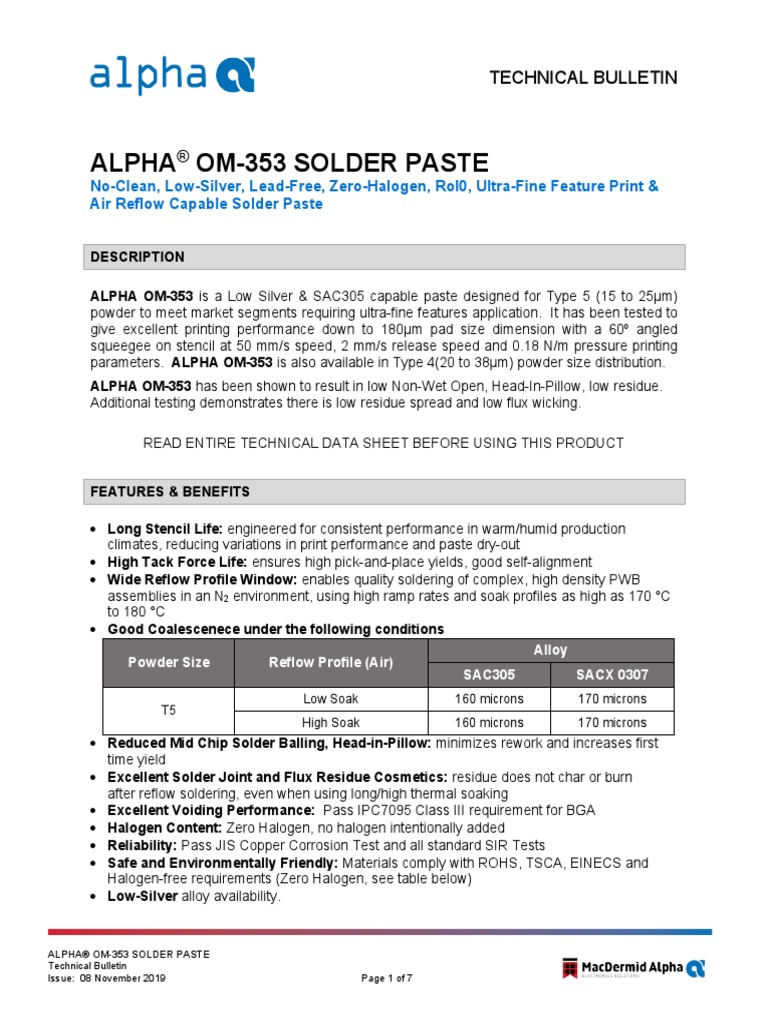 Alpha Om353 Solder Paste en 08nov19 TB PDF Solder Soldering