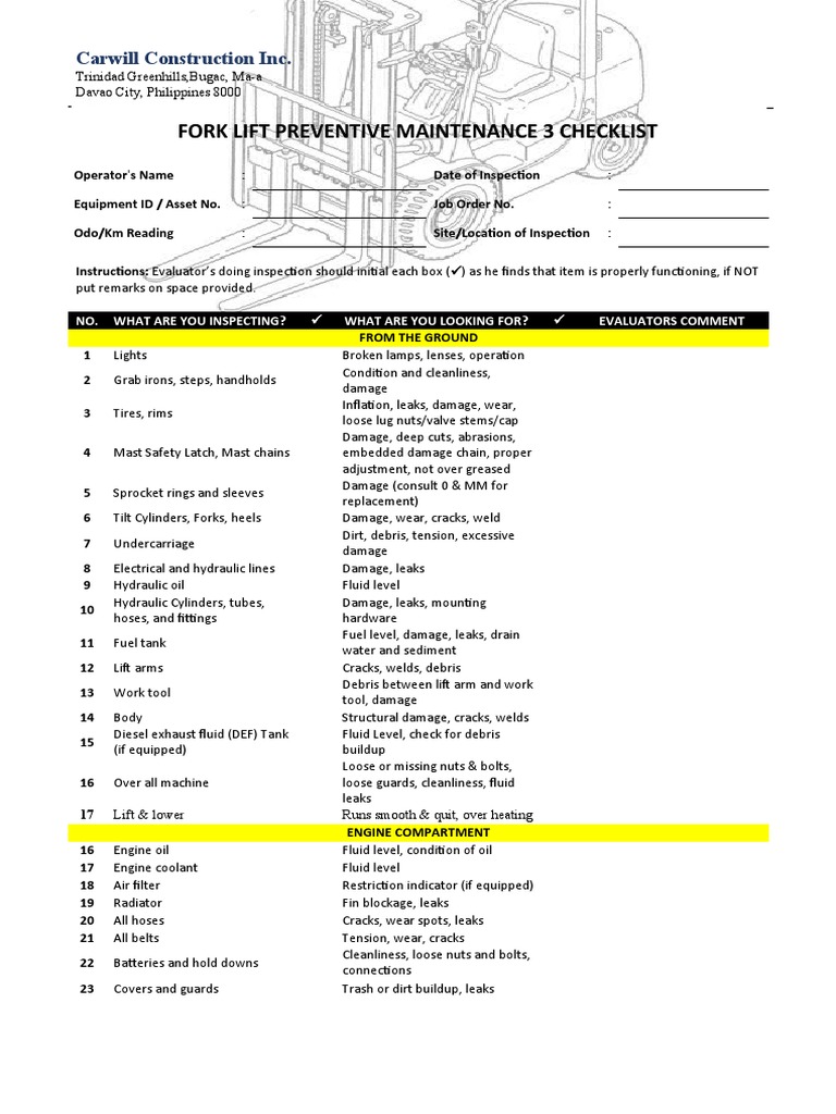 Fork Lift Preventive Maintenance 3 Checklist Carwill Construction Inc