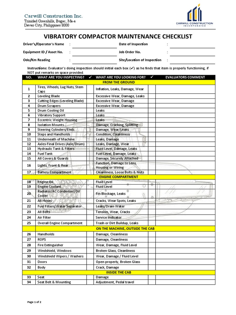 Vibratory Compactor Maintenance Checklist Carwill Construction Inc