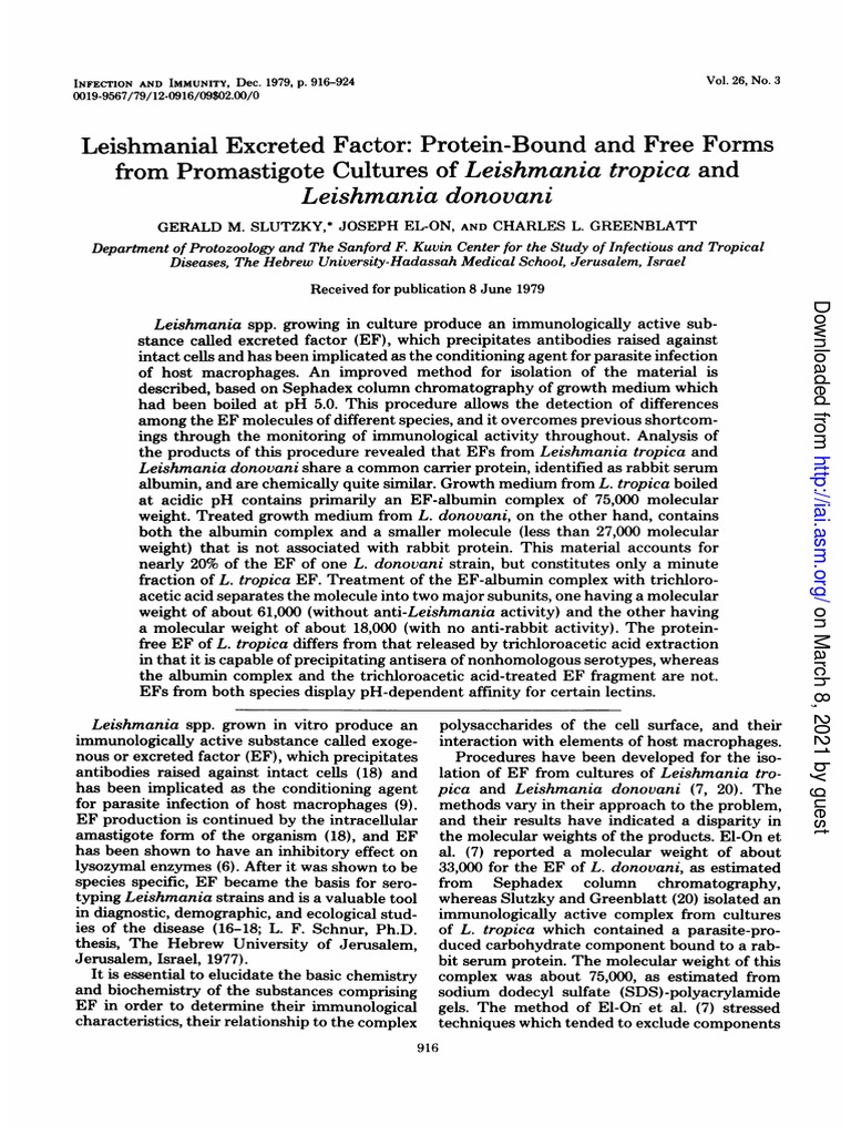 Slutzky 1979 Proteina Liberada en Medio de Cultivo Leishmania PDF