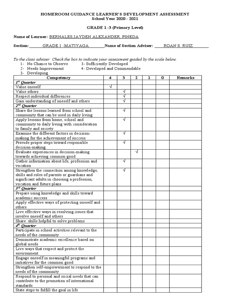 Grade 1-3 Homeroom Guidance Assessment | PDF | Competence (Human ...