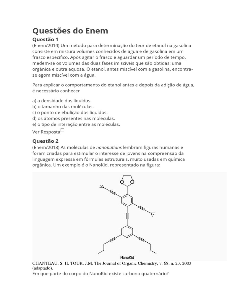 Exercícios Química Orgânica Do Enem | PDF | Química | Benzeno