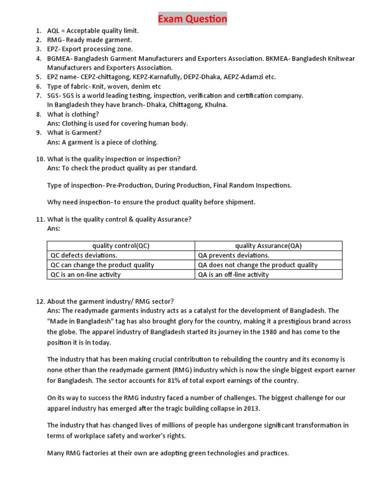 Exam QuestionInspection PDF Seam (Sewing) Clothing Industry