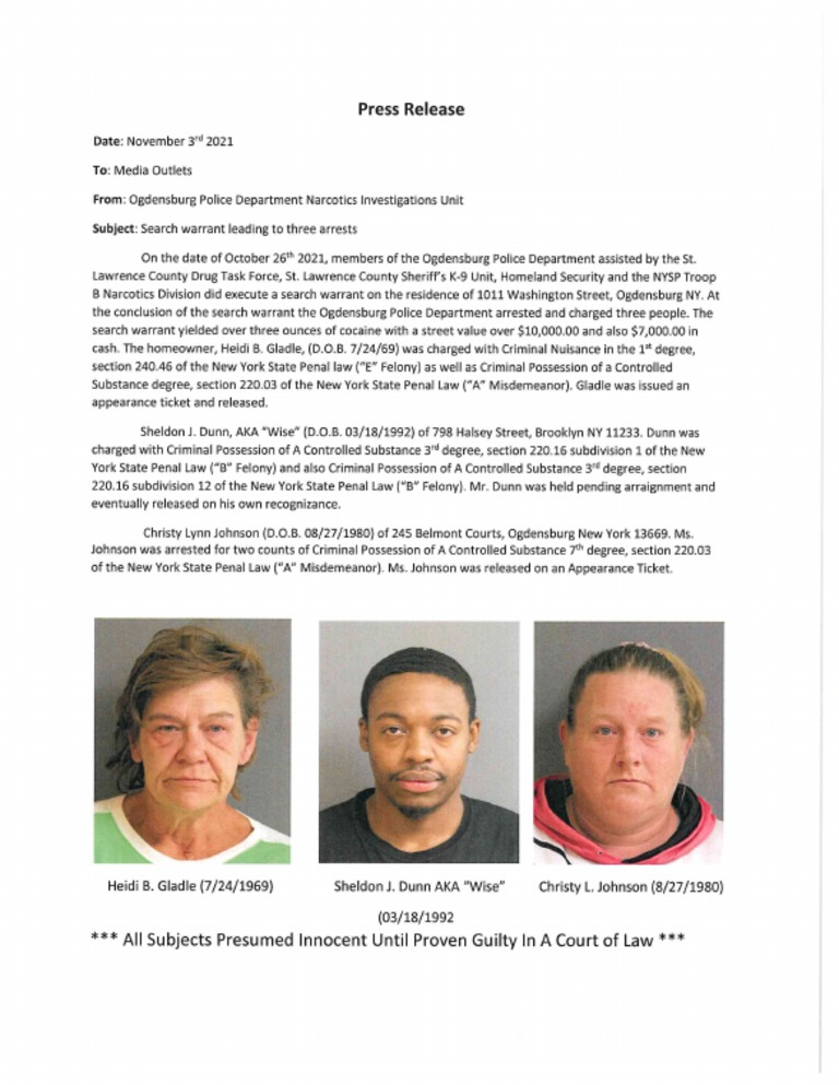 Ogdensburg Police Department News Release Nov. 4, 2021 PDF