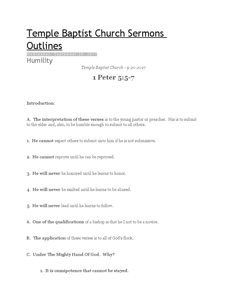 Temple Baptist Church Sermons Outlines: Humility | PDF | Humility ...