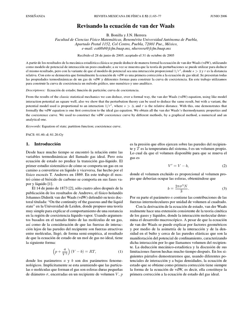 Revisando La Ecuaci On de Van Der Waals | PDF | Gases | Ecuaciones