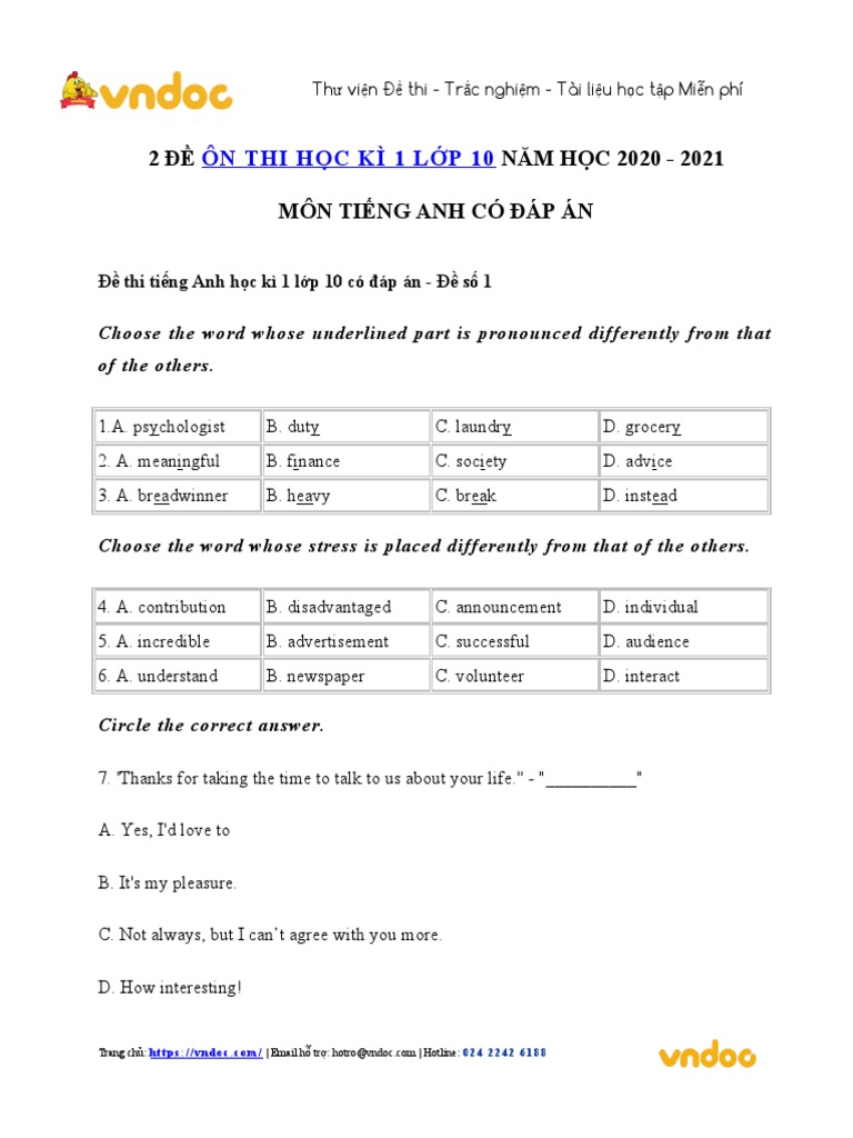 De Thi Hoc Ky 1 Mon Tieng Anh Lop 10 Chuong Trinh Moi Truong THPT Da ...