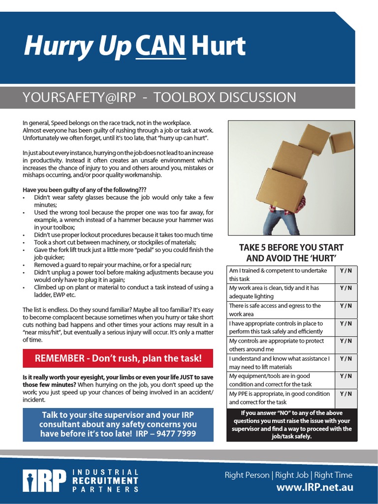 Hurry Up CAN Hurt: Yoursafety@Irp - Toolbox Discussion | PDF | Safety