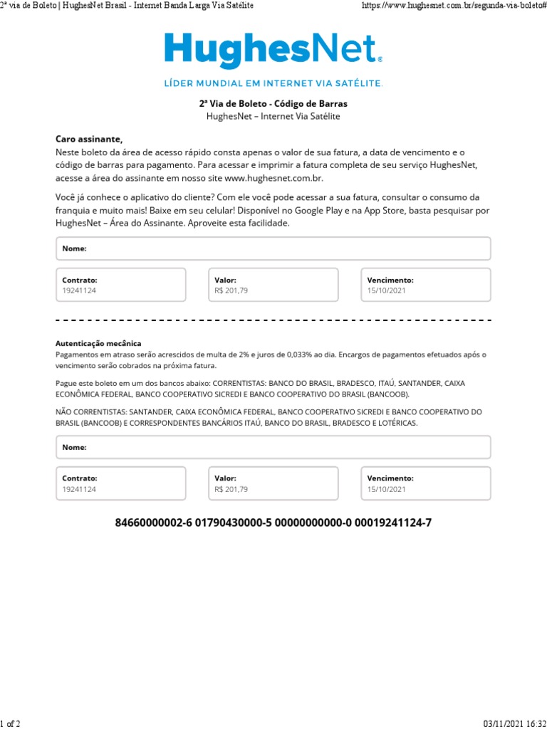 2a via de boleto com detalhes de pagamento do serviço de internet via ...