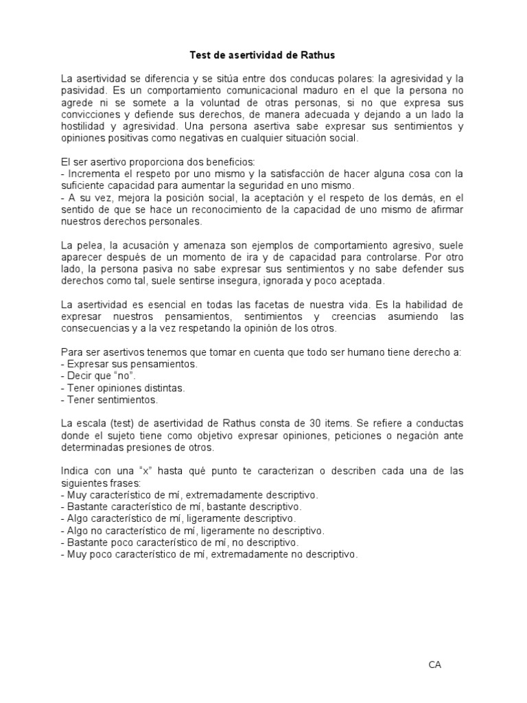Test Asertividad de Rathus (Manual)  Pergunta  Integridade