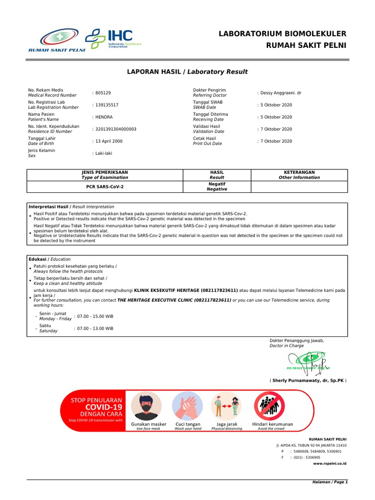 Hasil Laboratorium PCR RS Pelni | PDF