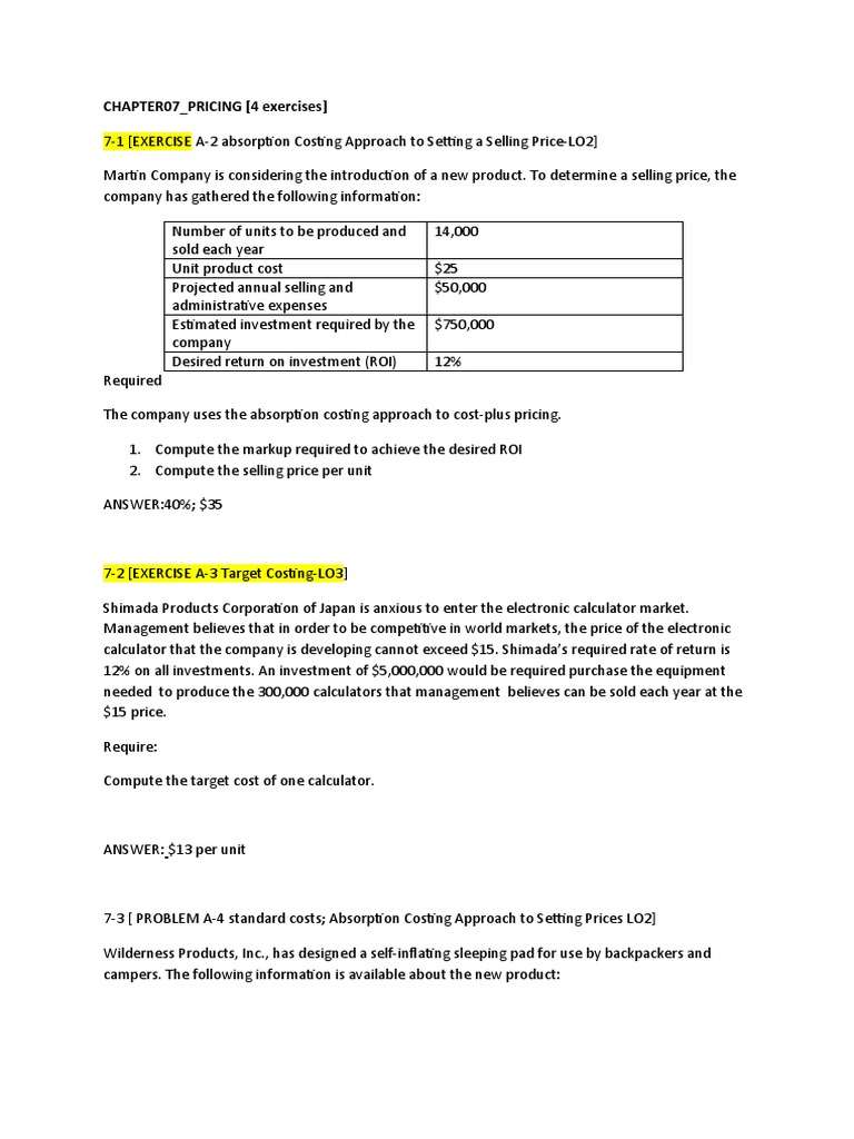 Exercises Chapter07 Pricing PDF Return On Investment Gross Margin