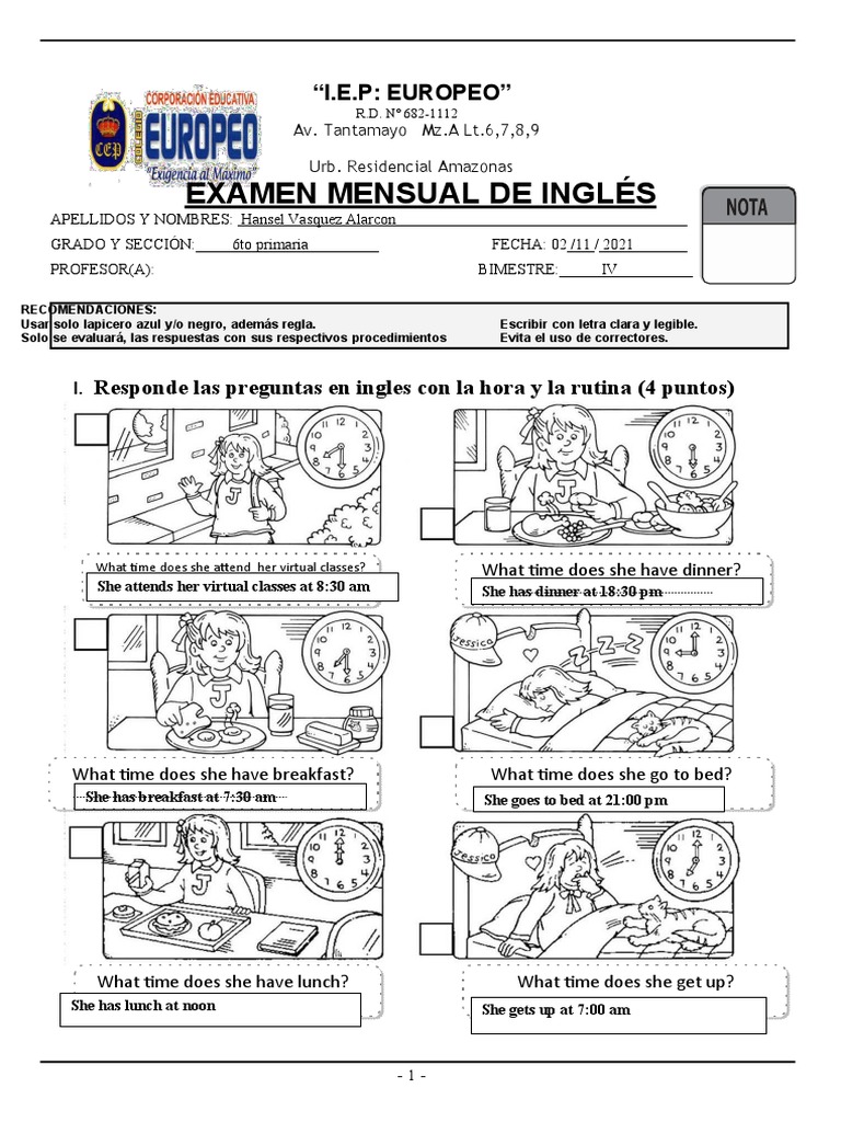 Examen Mensual de Inglés 6to Primaria | PDF | Meal | Eating Behaviors ...