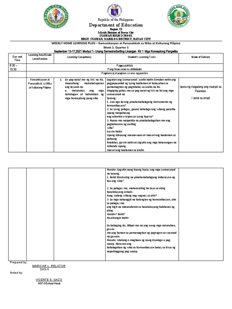 Weekly Home Learning Plan KSWF Quarter 1 | PDF