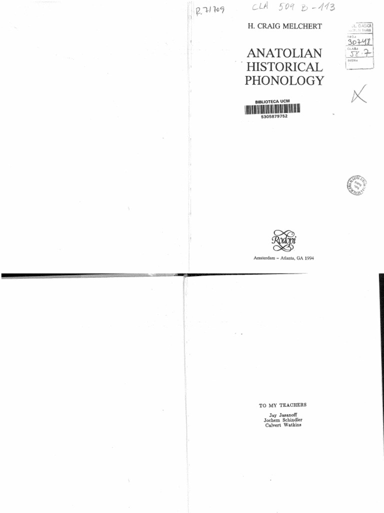 Melchert 1994 Anatolian Historical Phonology | PDF | Hittites | Consonant