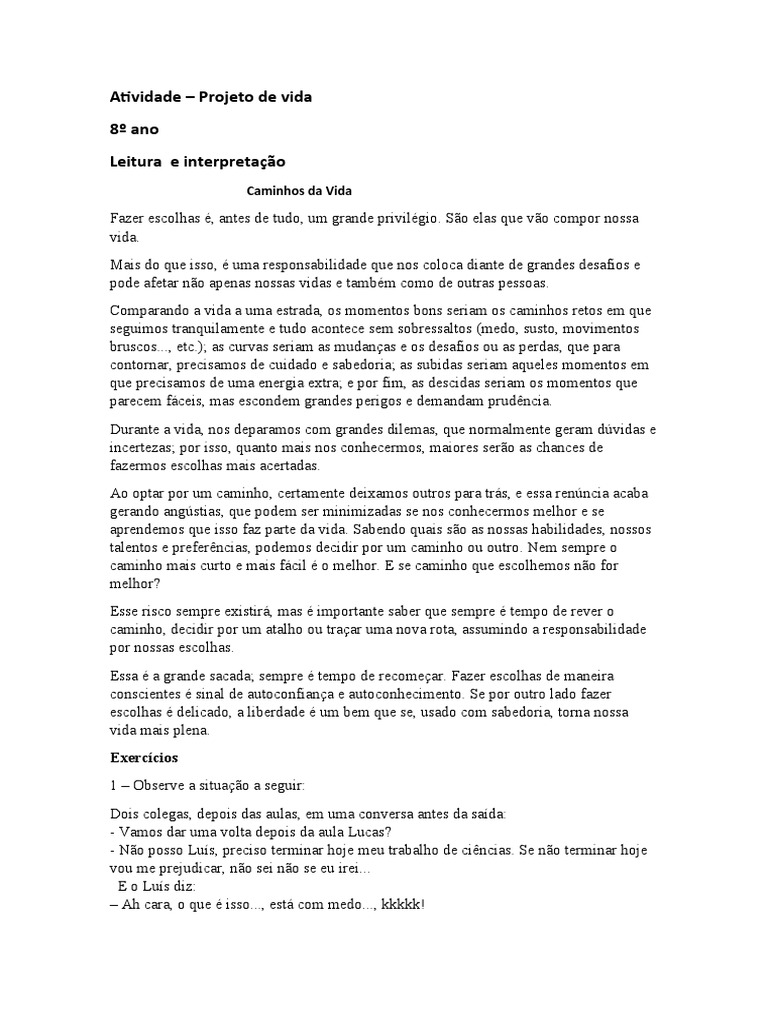 Atividade Projeto de Vida - 8 Ano Tathiane | PDF | Sabedoria | Liberdade
