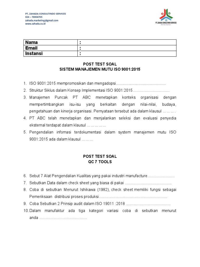 Post Test ISO 9001:2015 dan Kualitas | PDF