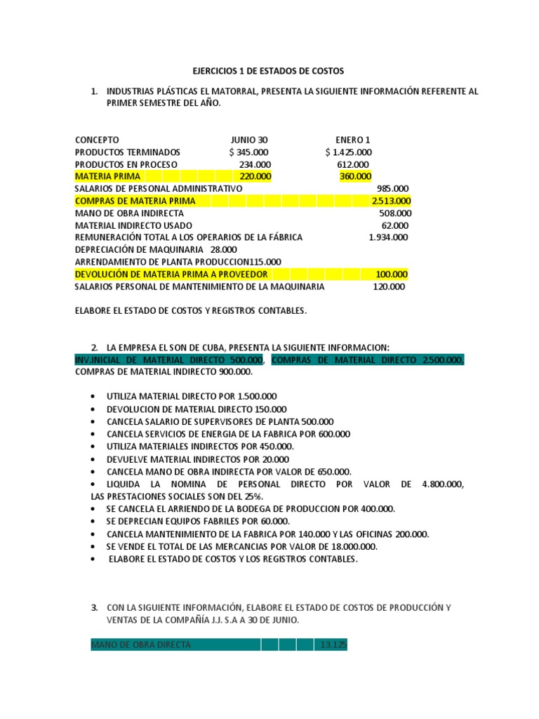 Ejercicios de Estados de Costos y Contabilidad | PDF | Inventario ...