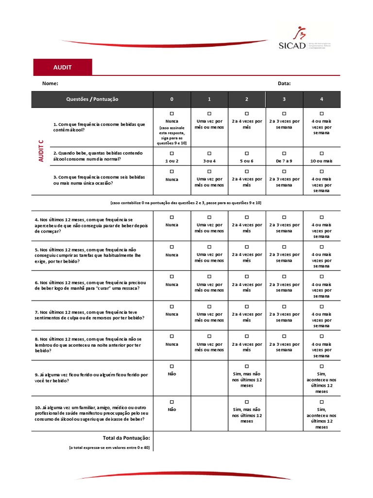 Questionário AUDIT para Avaliação de Álcool | PDF