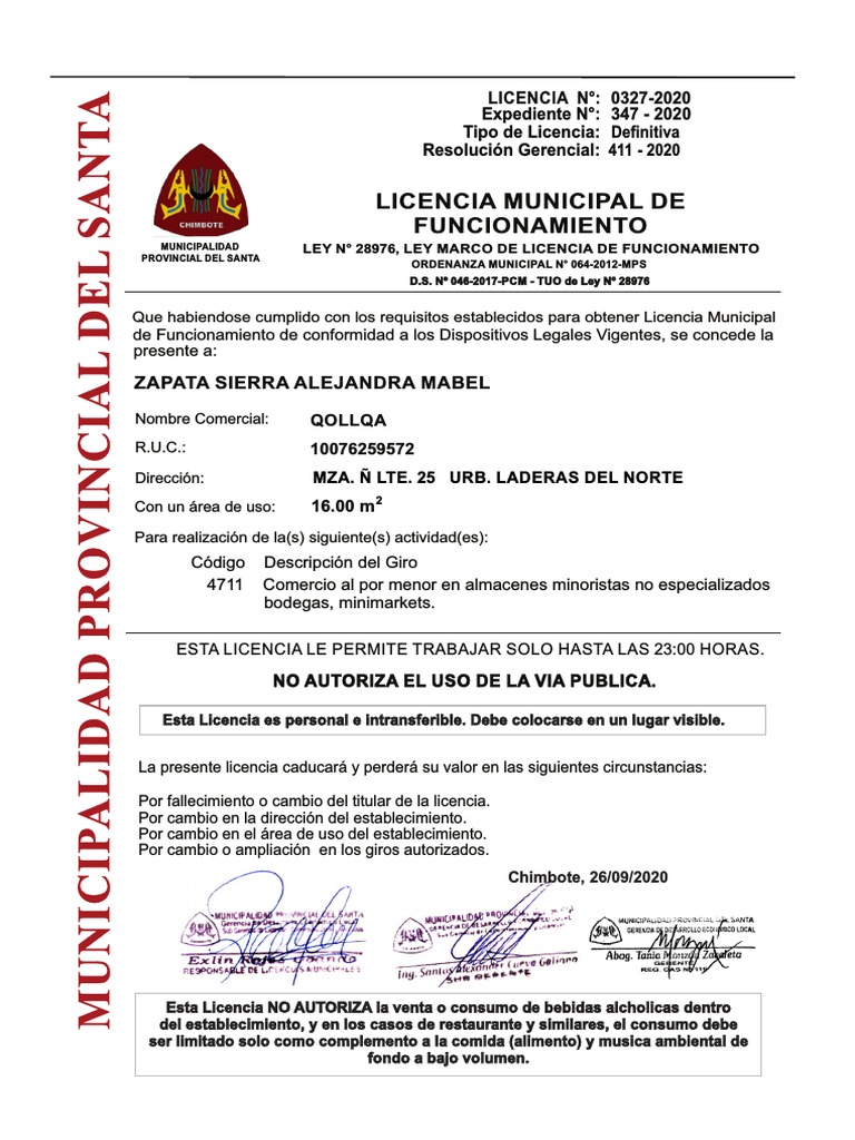 Licencia Municipal de Funcionamiento 2020 | PDF