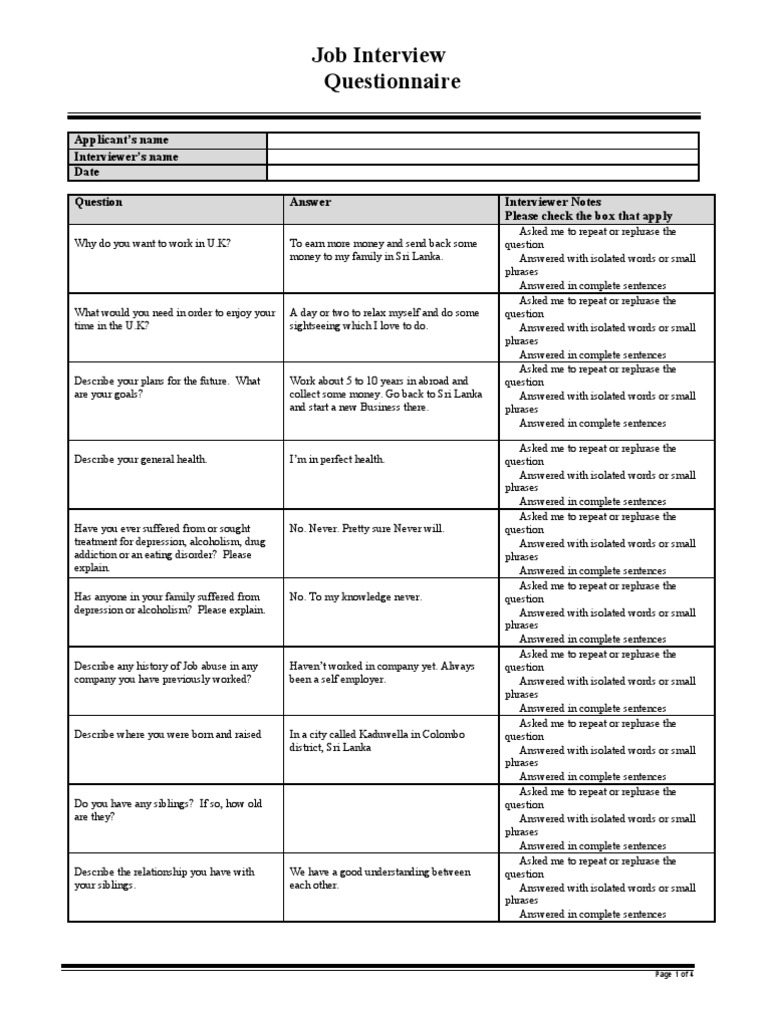 Job Interview Questionnaire  Thought  Word
