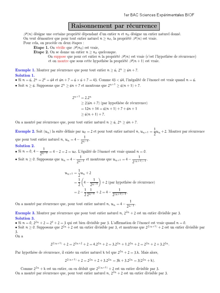 Exercices corrigés de récurrence 1 BAC | PDF | Mathématiques | Logique ...