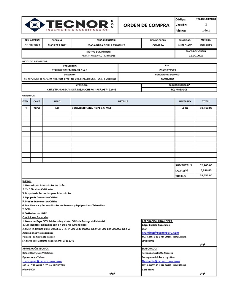 Orden de Compra Geomembrana HDPE 1.5mm | PDF