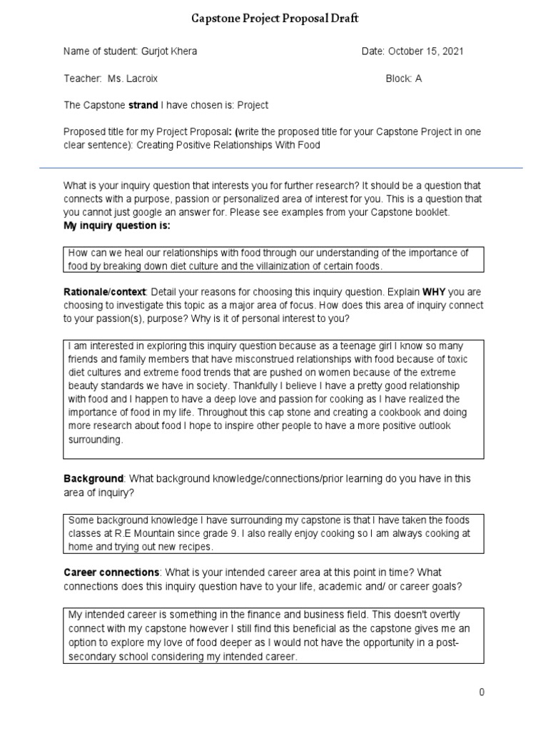Capstone Project Proposal Draft Fillable 1 Pdf Cookbooks Recipe