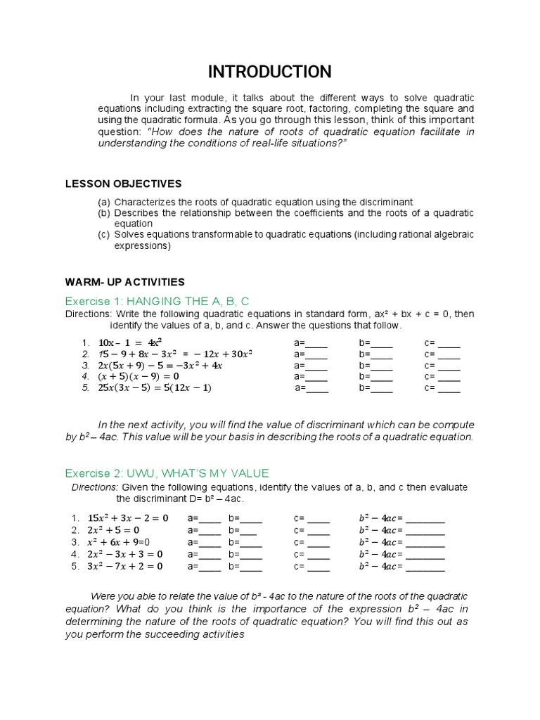 Lesson 2 Discriminant Pdf Quadratic Equation Equations