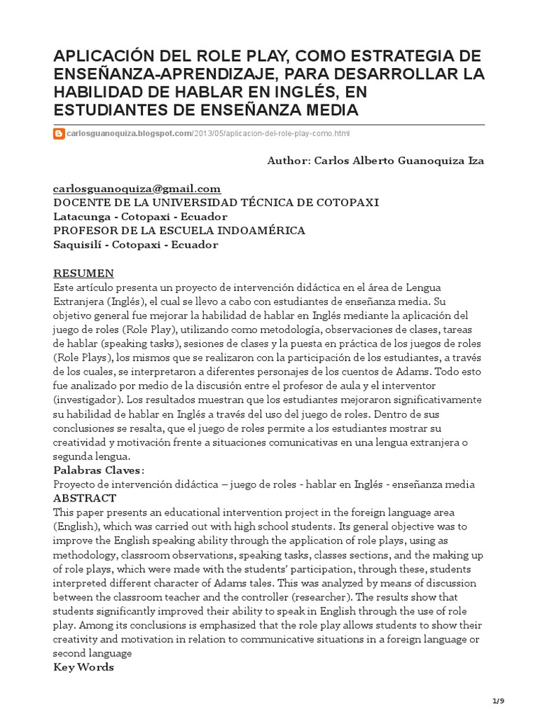 Aplicación Del Role Play Como Estrategia de Enseñanza-Aprendizaje Para ...