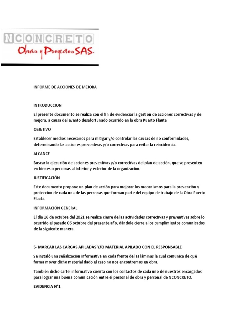 Informe de Acciones de Mejora en Obra | PDF | Tecnología