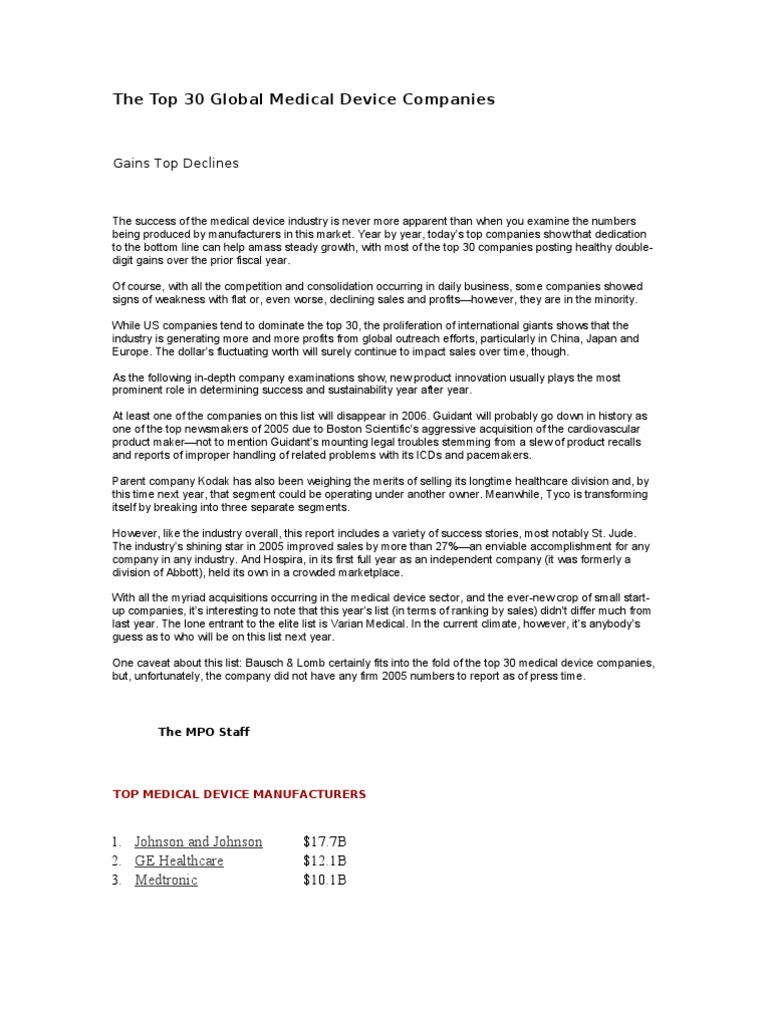 The Top 30 Global Medical Device Companies PDF Siemens Medical