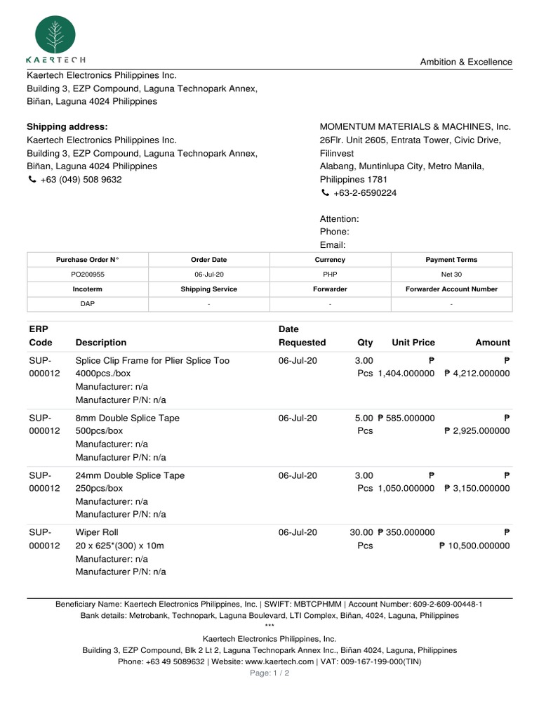 Kaertech Electronics Purchase Order 200955 | PDF